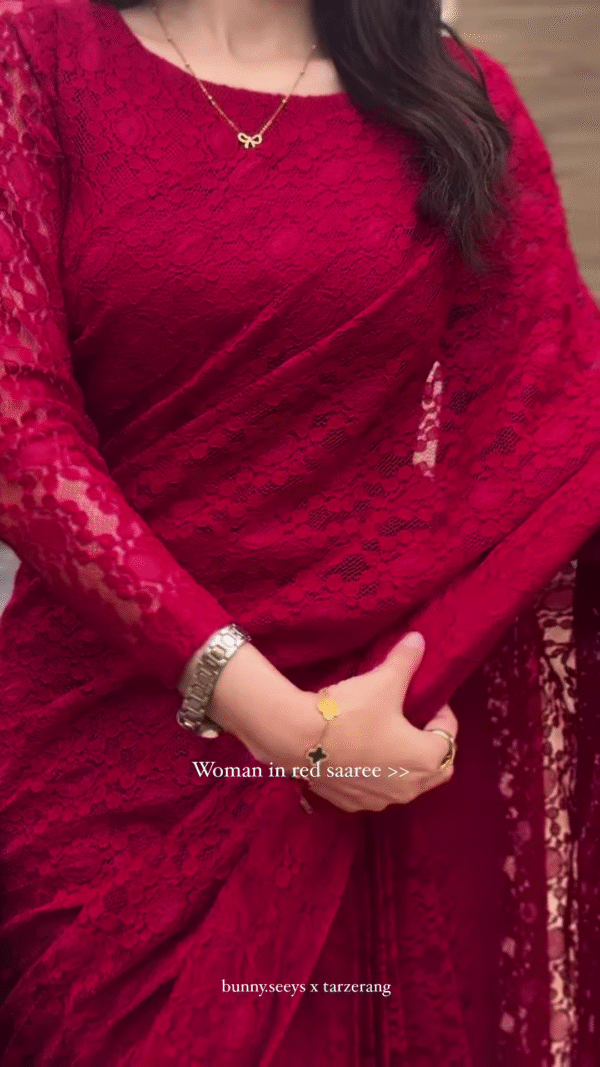 Grace in Crimson – Elegant Lace Red Saree Look ✨ - Image 3