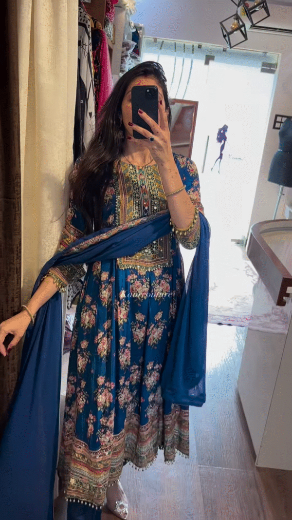 Royal Blue & Red Ethnic Elegance – Timeless Floral & Mirror Work - Image 4