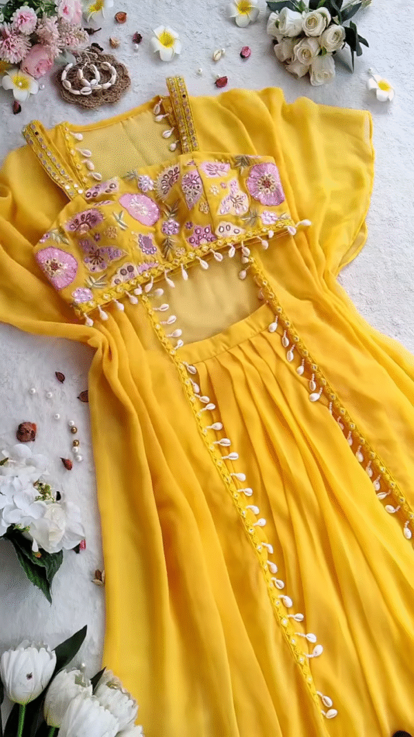 🌼 Sunshine Glow – Yellow Embroidered Cape Set with Shell Detailing 🌼 - Image 3