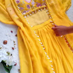 🌼 Sunshine Glow – Yellow Embroidered Cape Set with Shell Detailing 🌼