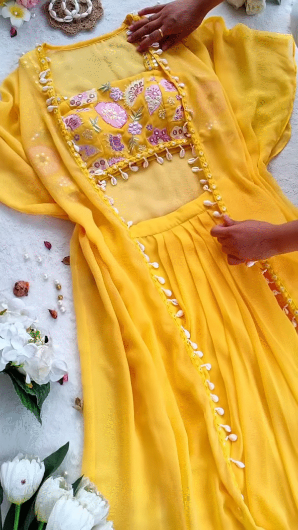 🌼 Sunshine Glow – Yellow Embroidered Cape Set with Shell Detailing 🌼