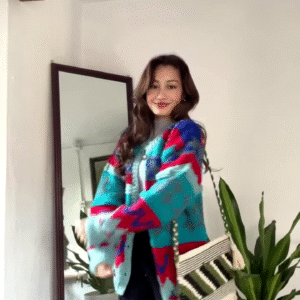 Multicolor Patterned Cardigan 🧥🍂 – Bold Knit Layer in Blue, Red & Teal with Seasonal Styling